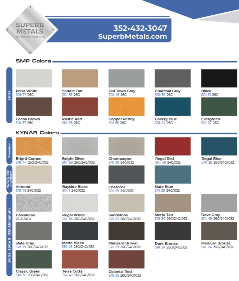 The Superb Metals color and finish card showing the available Kynar/PVDF, SMP and Galvalume substrate finishes